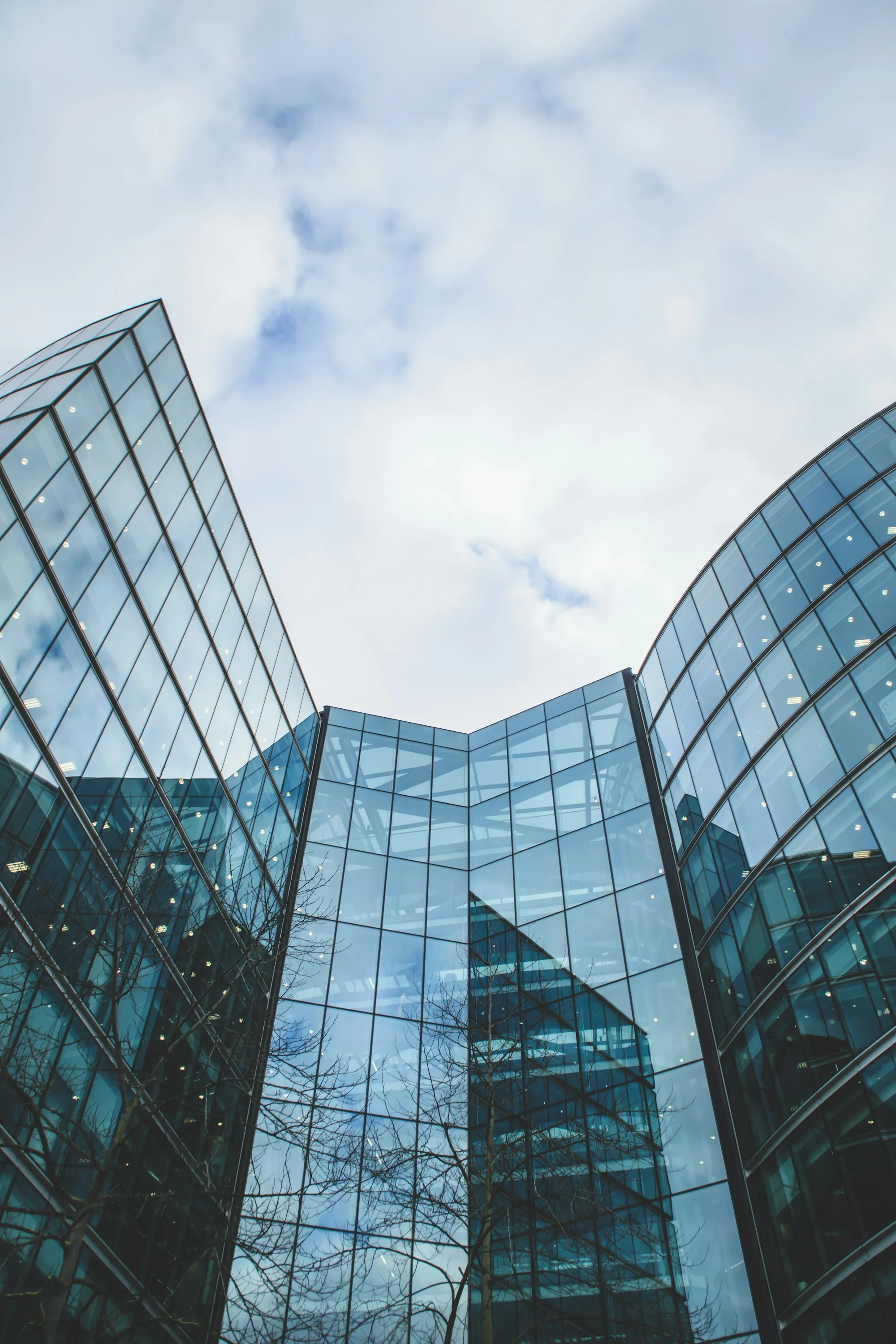 Curved glass office building facade